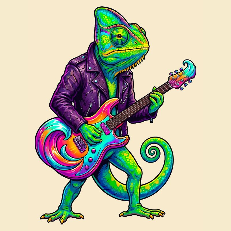 Chamäleon in Lederjacke und Neon E-Gitarre