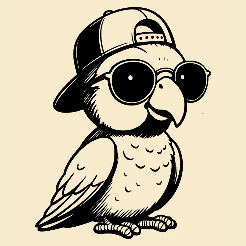 Parrot with sunglasses and baseball cap
