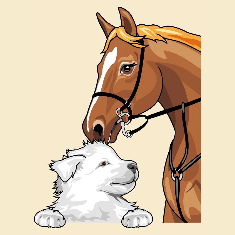 Weißer Schweizer Schäferhund und rotes Pferd