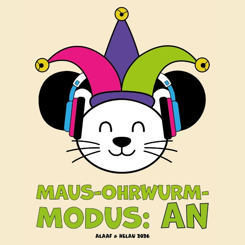 Karnevalsmaus mit Narrenkappe und Kopfhörern