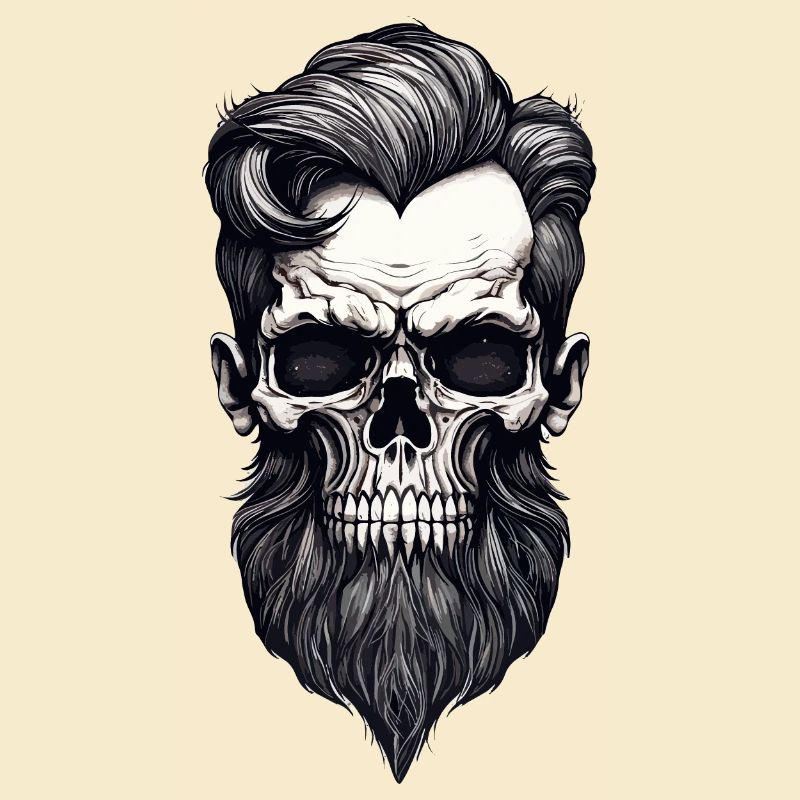 Rockabilly Skull Man with Beard Black White