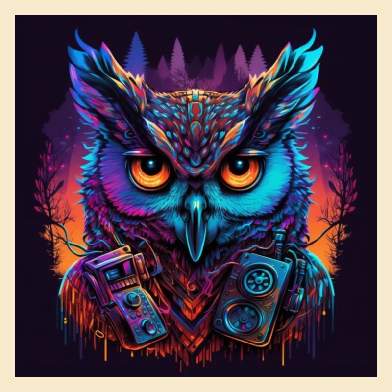Eule mit Neonfarben, Synthwave / 80er Jahre