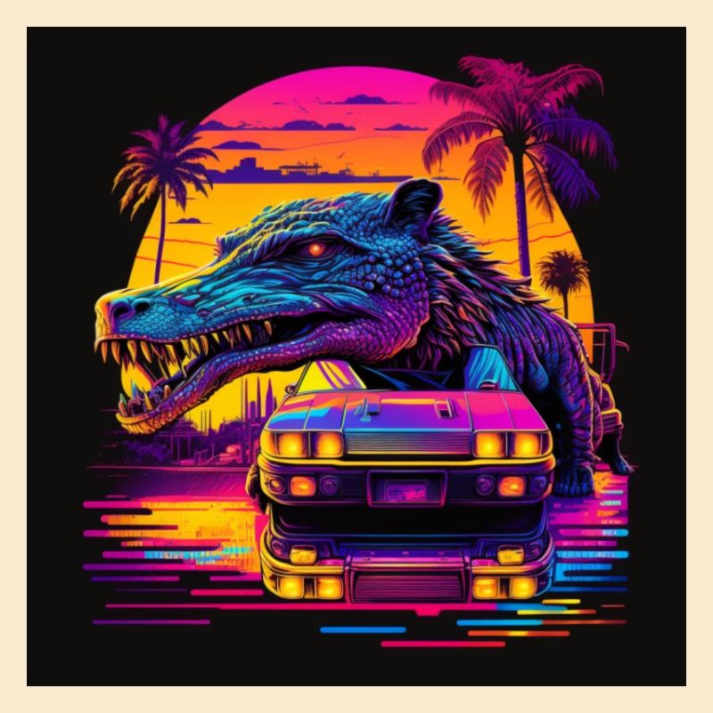 Crocodile aux couleurs néon, synthwave / années 80