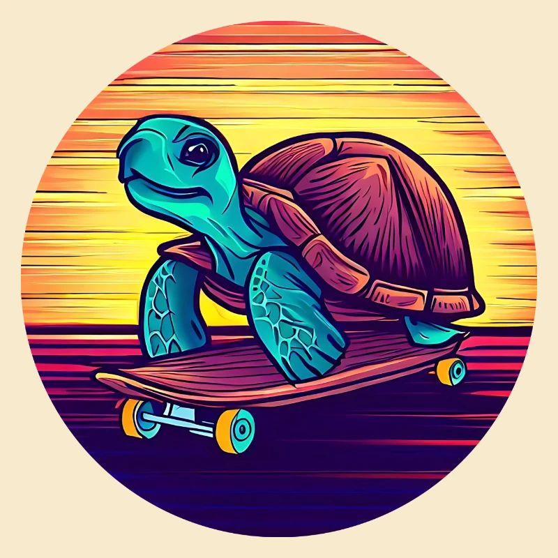 Turtle rides on a skateboard sunset