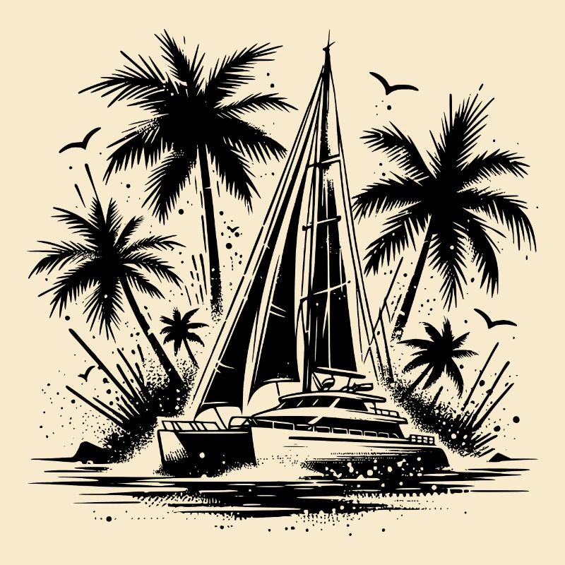Palm trees with double hull catamaran sailing boat