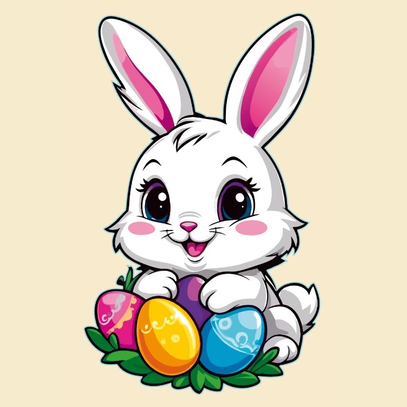 Lustiger kleiner Osterhase mit bunten Eiern