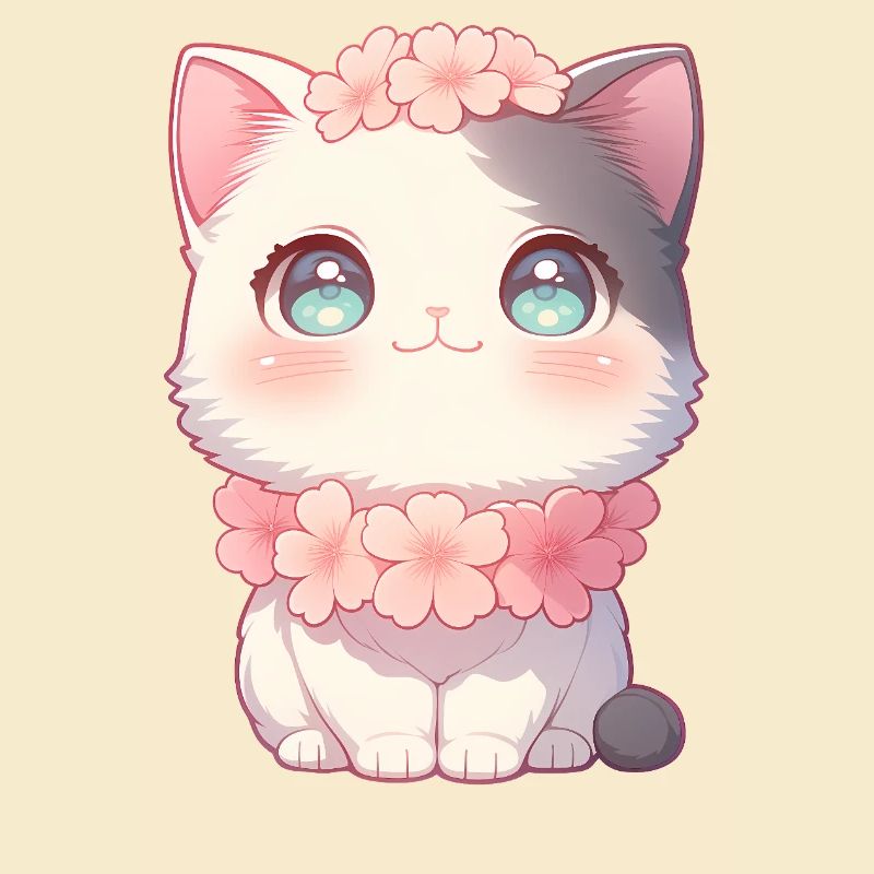 Couronne de fleurs de sakura en chat blanc de Kawaii style chibi