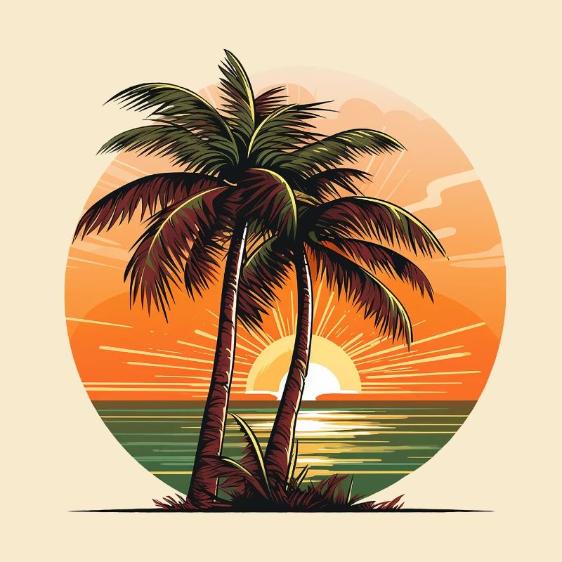 Cocotiers sur la plage devant un coucher de soleil