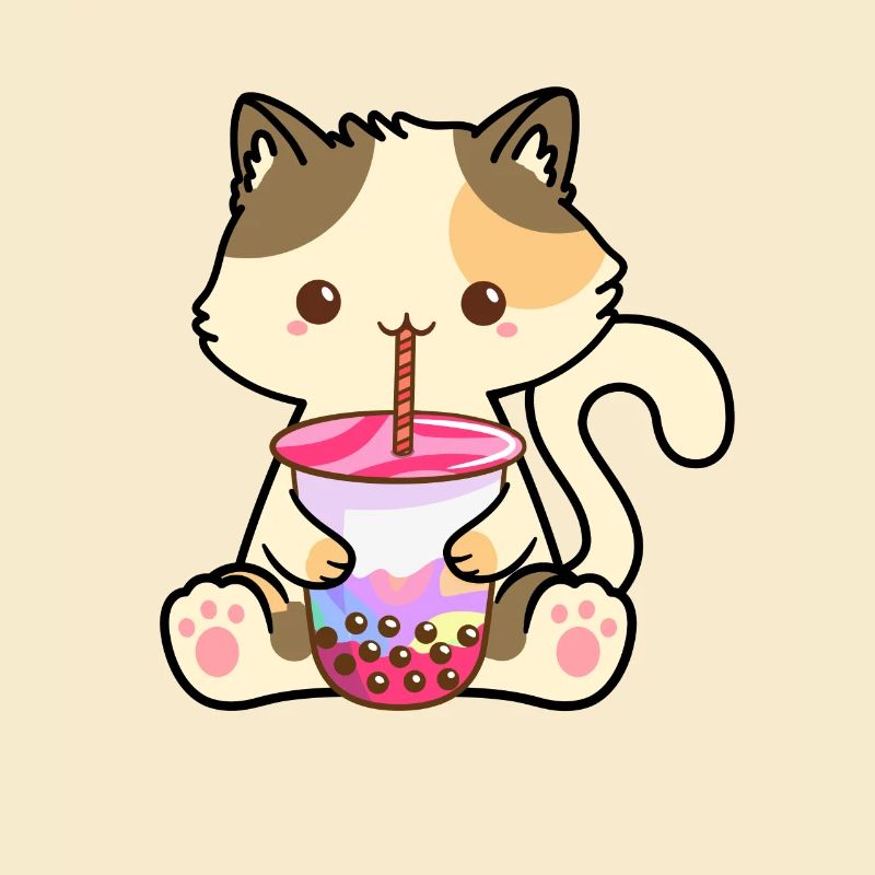 Cute cat kitten drinks Boba Tea Bubble Tea