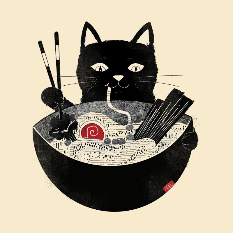 Katze schlürft Ramen Nudelsuppe mit Stäbchen