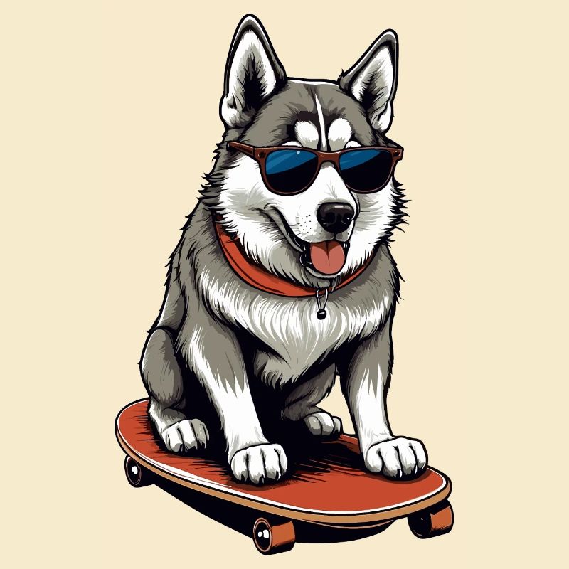 Husky mignon sur planche à roulettes