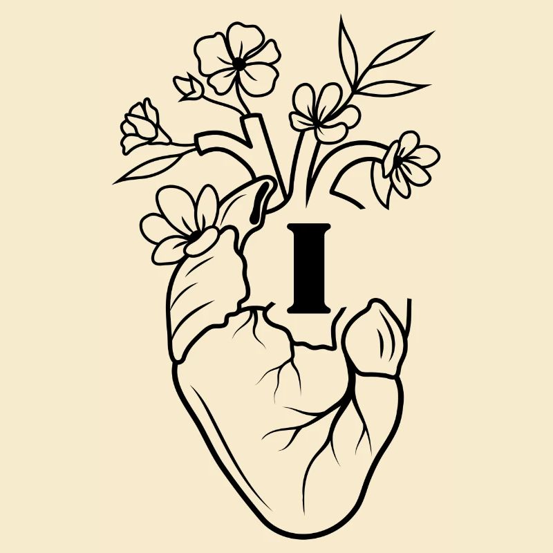 Buchstabe i Herz schwarze florale Anatomie
