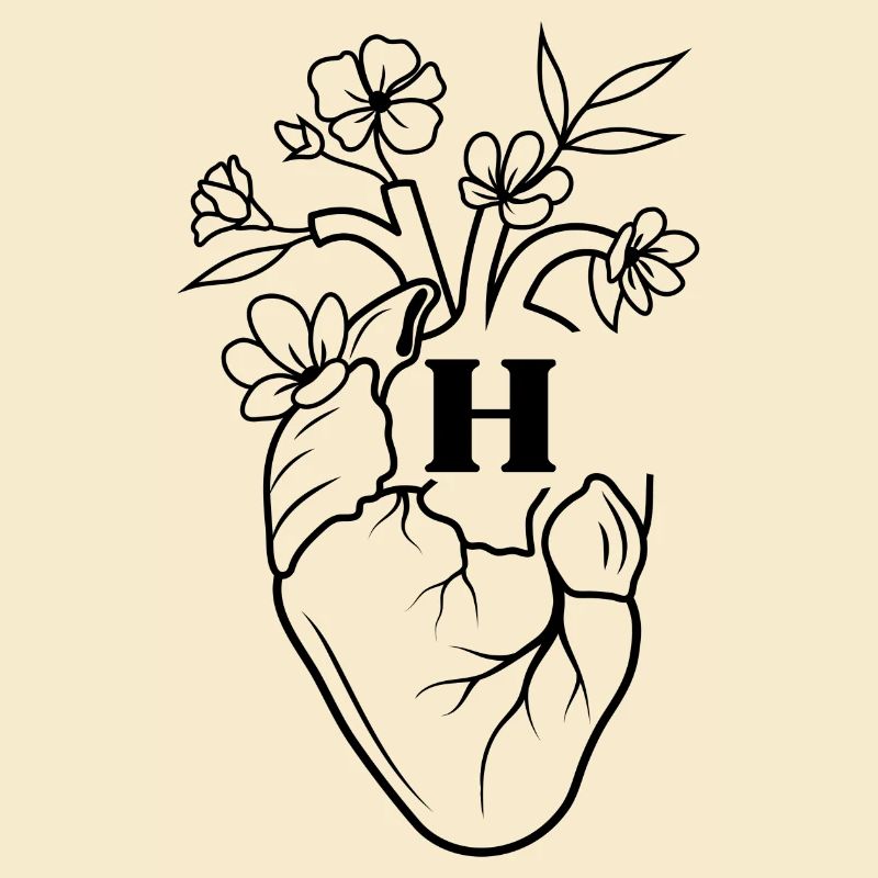 Buchstabe h Herz schwarze florale Anatomie