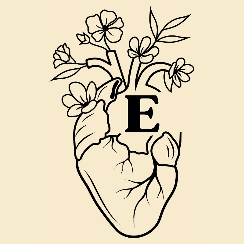 Buchstabe e Herz schwarze florale Anatomie