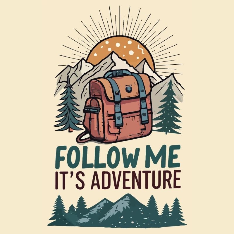 Rucksack und Berge mit Abenteuer-Slogan
