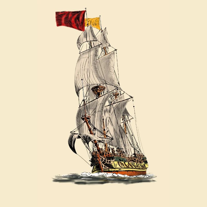 Historic sailing ship with flag
