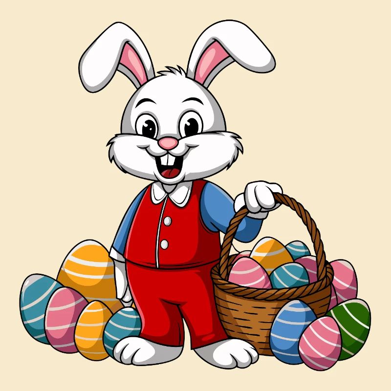 Funny Easter bunny with lots of colorful Easter eggs