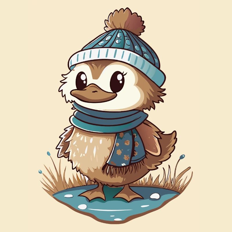 Canard mignon avec écharpe et chapeau à pompon.