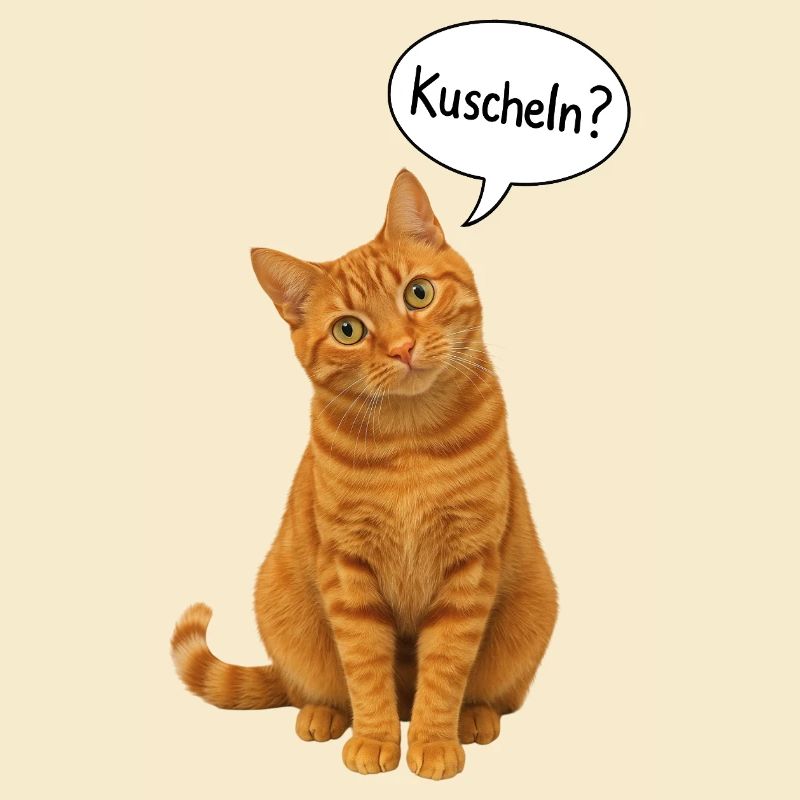 Red cat with tilted head asks: "Cuddle?"