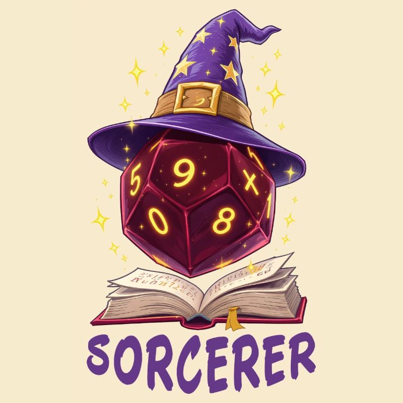 W20 schwebend über Buch – Sorcerer Cartoon
