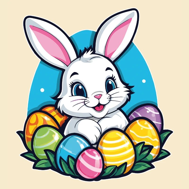 Lustiger kleiner Osterhase mit bunten Eiern