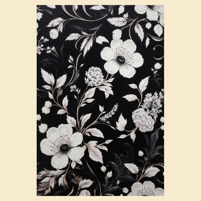 Black background with white floral pattern.