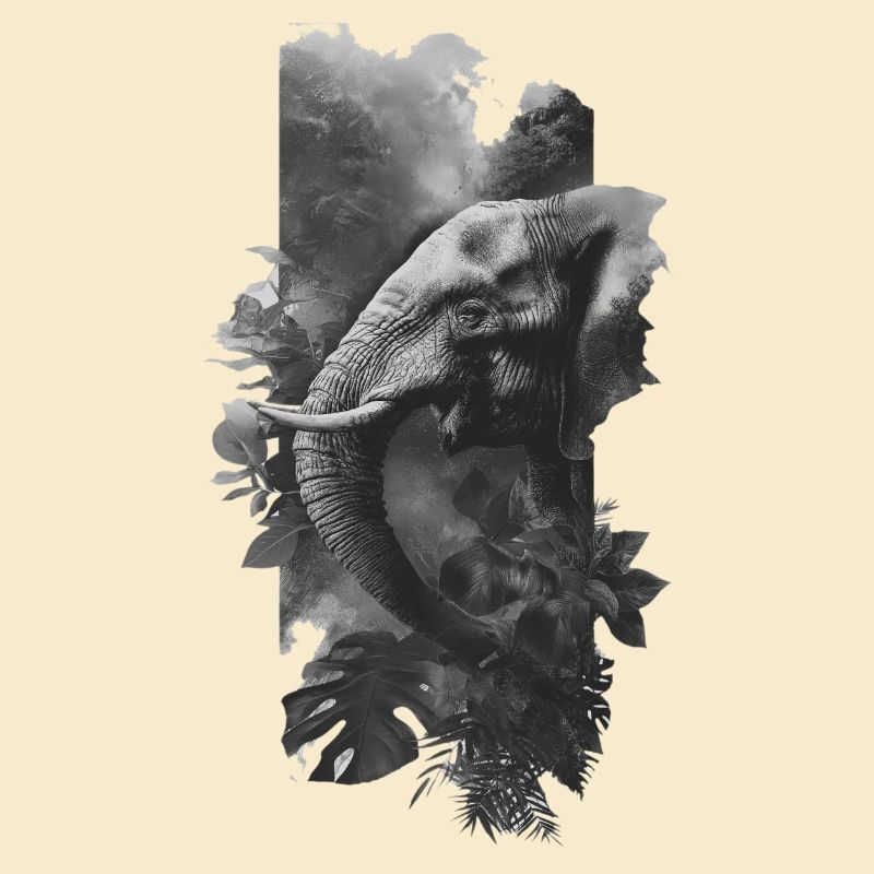 Éléphant gris en collage jungle