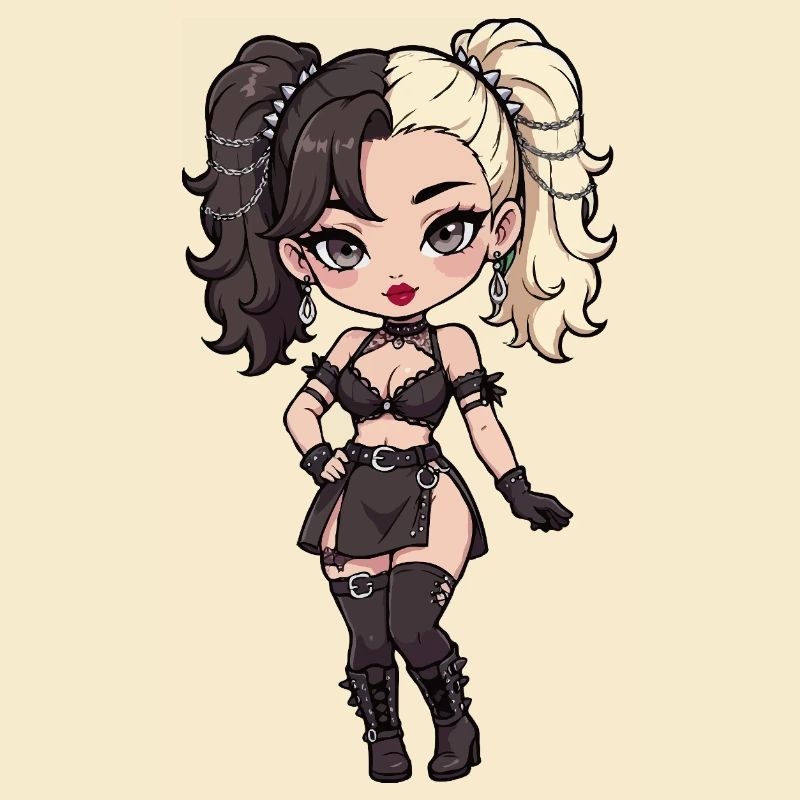 Gotische Chibi-Diva mit zweifarbigem Haar