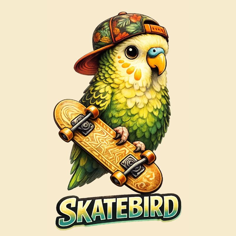 Skatebird – Tropischer Papagei mit Skateboard & Ca