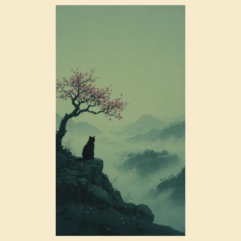 Chat noir à Sakura Tree – Design zen asiatique