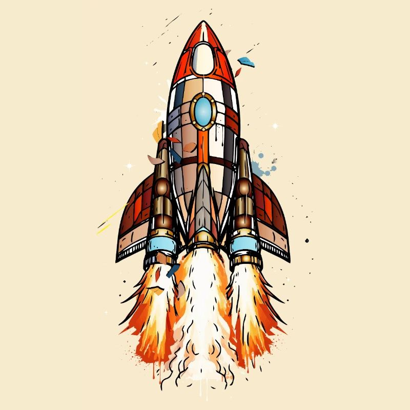 Futuristische Rakete beim Start im Comic-Stil