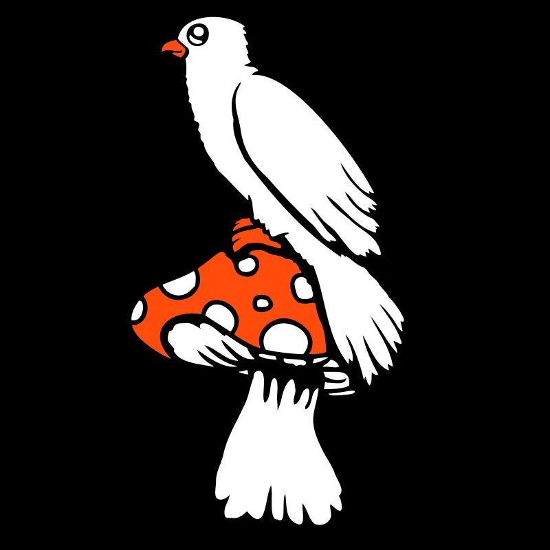 Bird sitting cute big mushroom dots toadstool