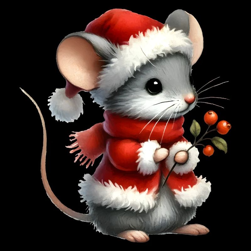 Cute Mouse with Santa Hat and Berry Branch