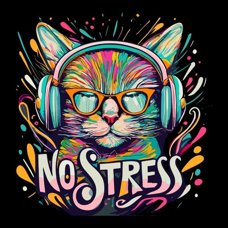 Katze mit Kopfhörer Lustiger Spruch NO STRESS