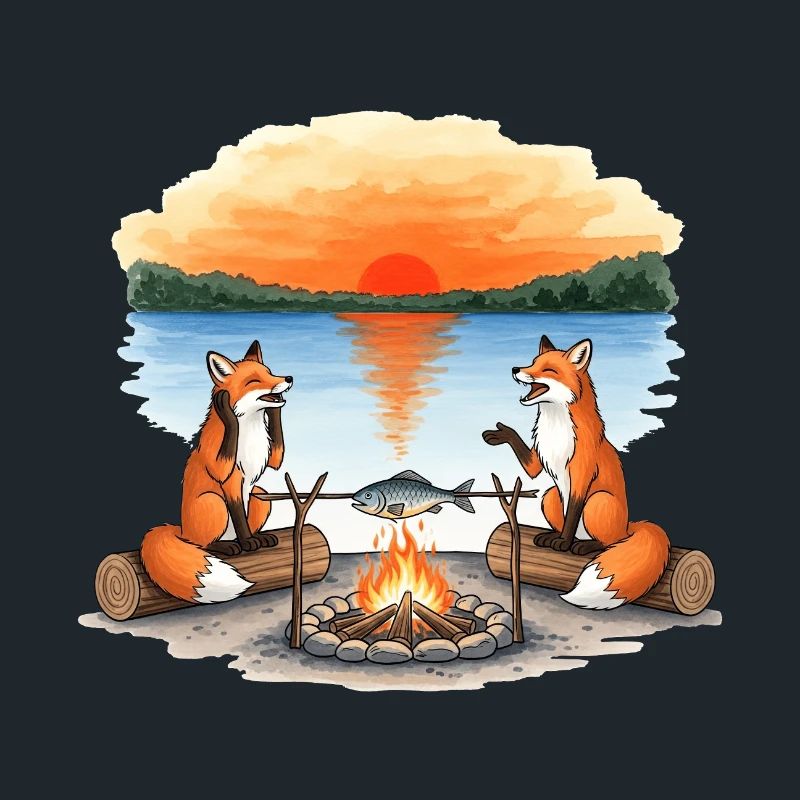 Feu de camp Fox au coucher du soleil au bord du lac