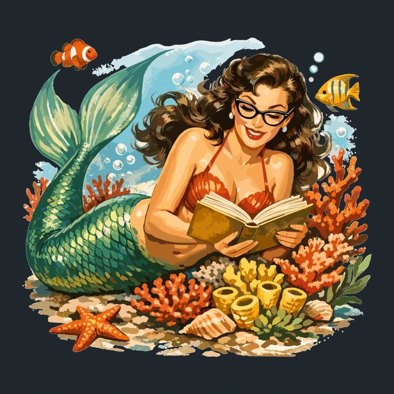 Retro mermaid with glasses while reading