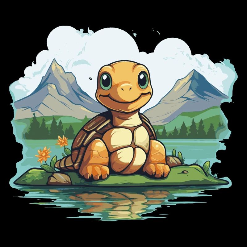 Turtle Bliss: Schildkröte im Wasser vor Bergen