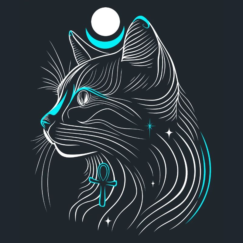 Minimalist Bastet Cat in Profile with Moon