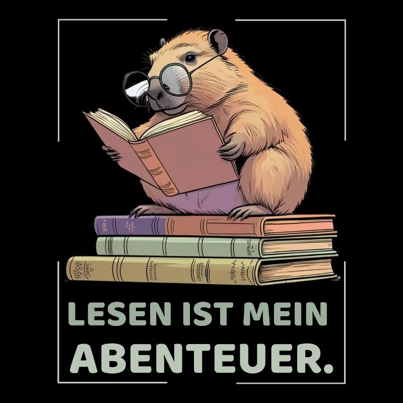 Capybara reading between stacks of books