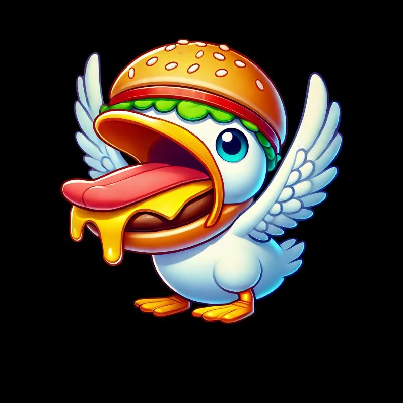 Funny duck with burger on its head