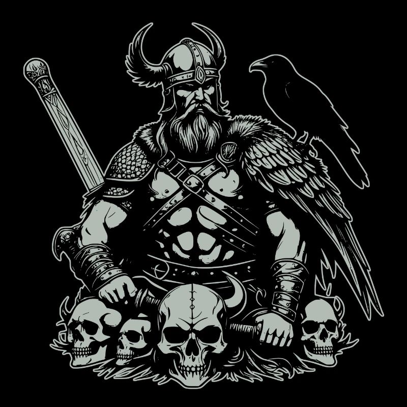 Viking with sword and raven on skull
