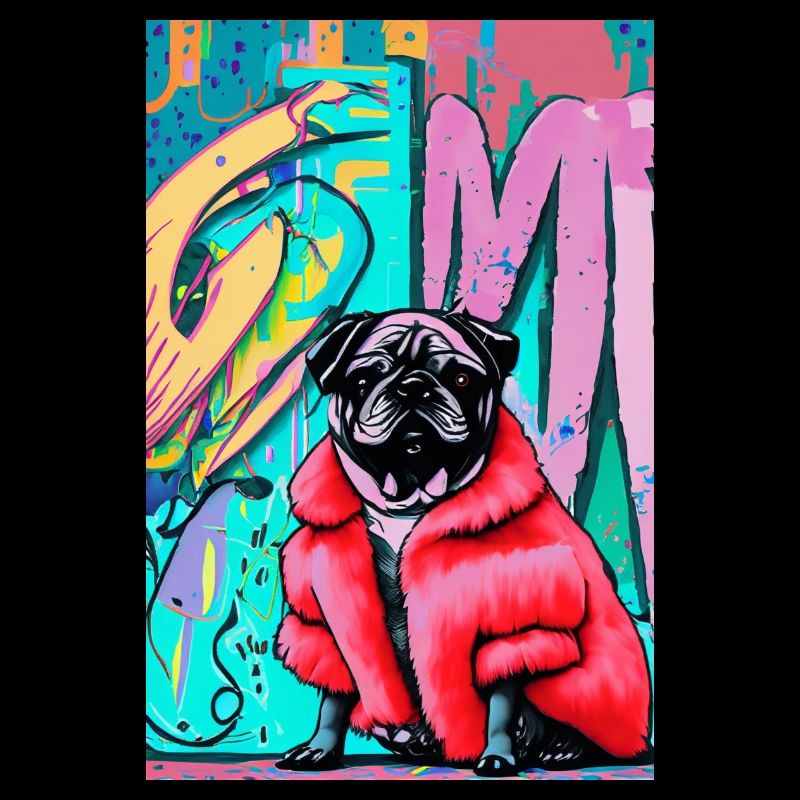 Pop Art | Cute pug in red fur coat