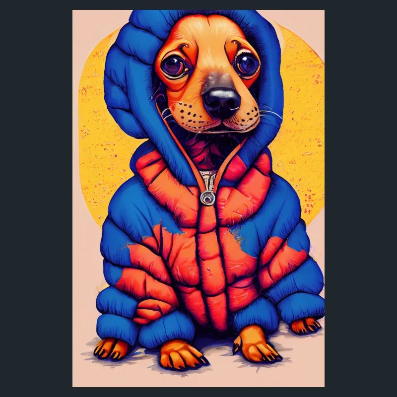 Pop-Art Dackel mit Oversized Puffer-Jacket