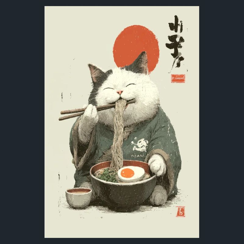 Samurai-Katze schlürft Ramen