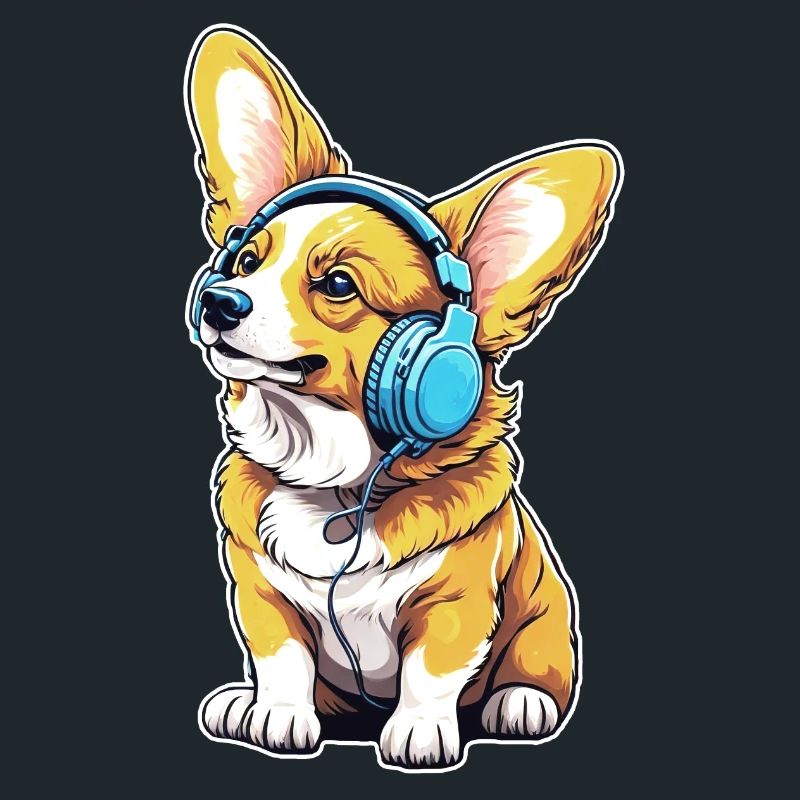 Corgi mit Kopfhörern