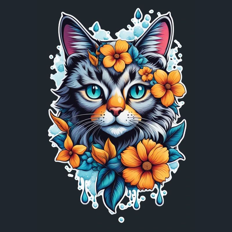 chat et fleur aquarelle