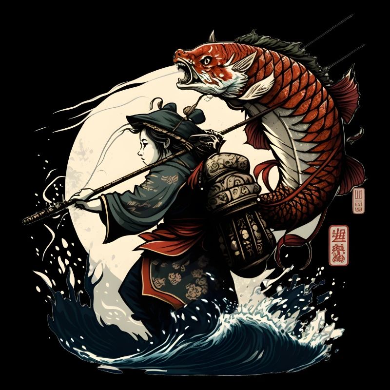 guerrier japonais attrape un gros poisson