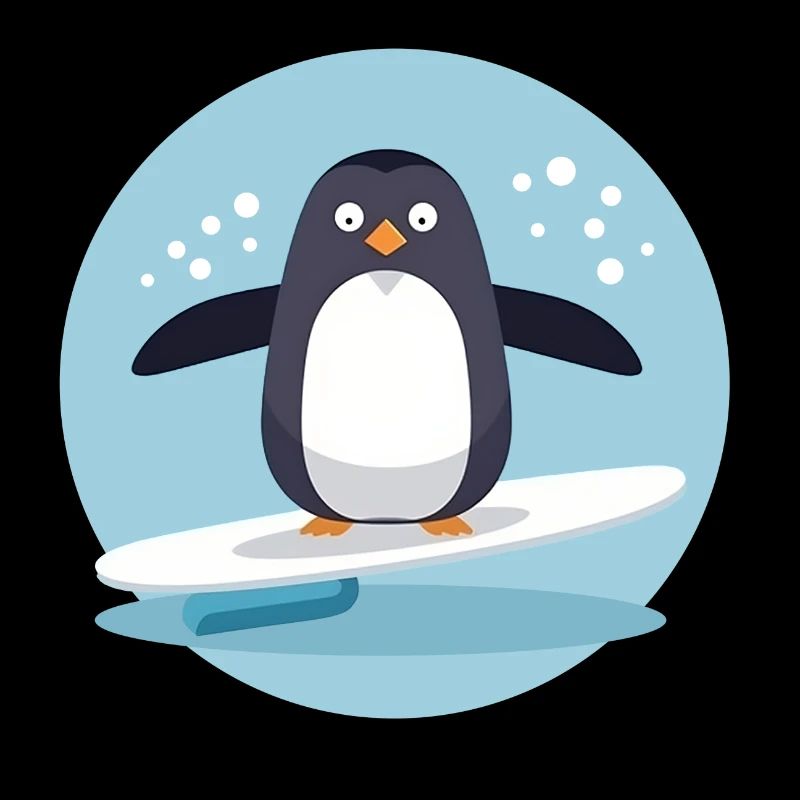 Pingouin de surf mignon sur une planche de surf