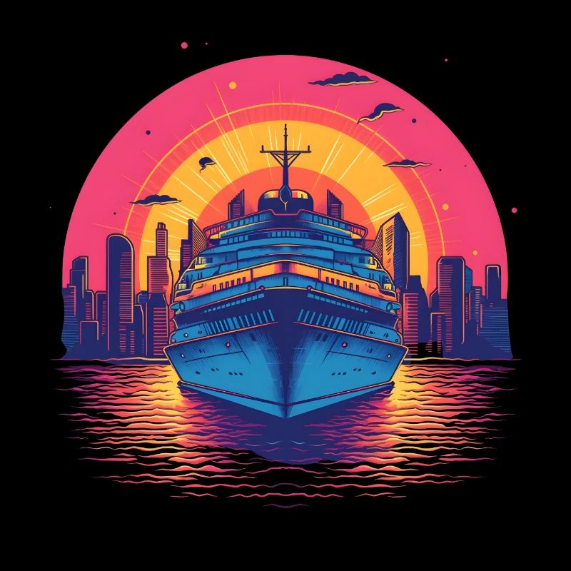 Synthwave cruise ship sunset