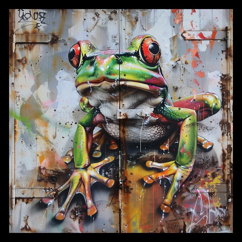 Graffiti grenouille verte surface rouillée